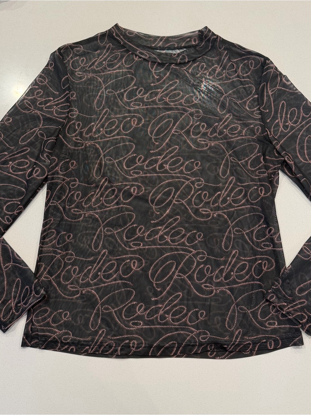 Long Sleeve 'Rodeo' Script Sheer Top